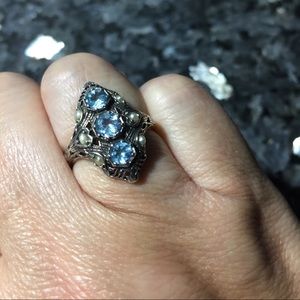 Vintage Sterling Silver Blue Topaz and Pearl Ring